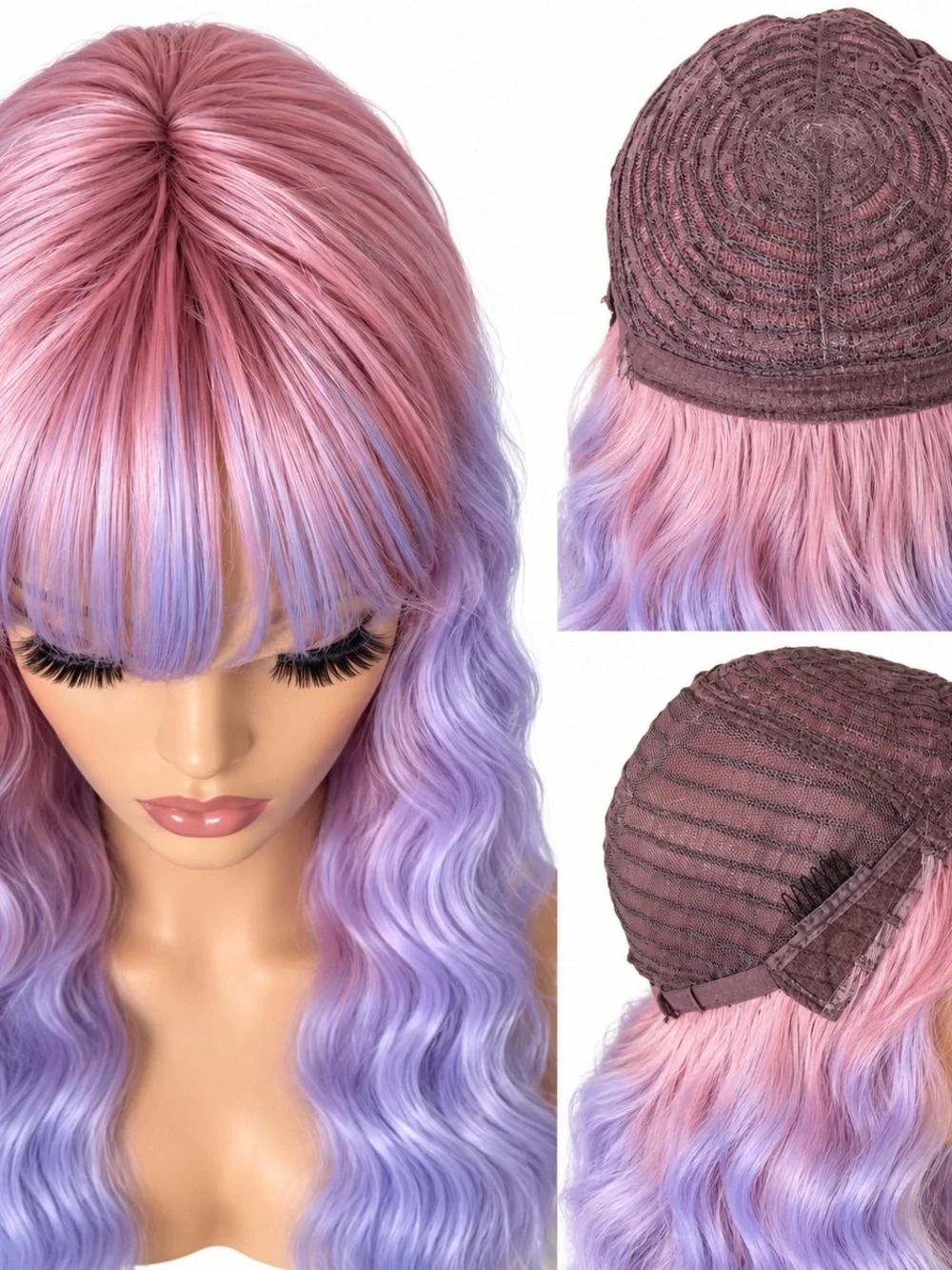 Pastel Pink, Lavender & Mint Long Wavy Wig with Bangs 24 inches long